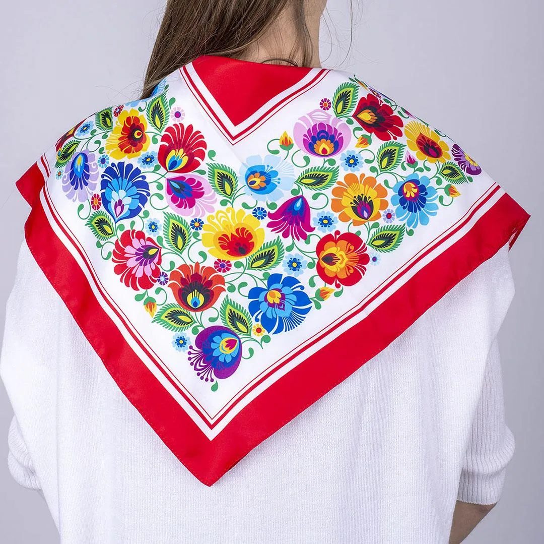 Multifunctional Modern Polish Folk Art Head Scarf - Lowicz White