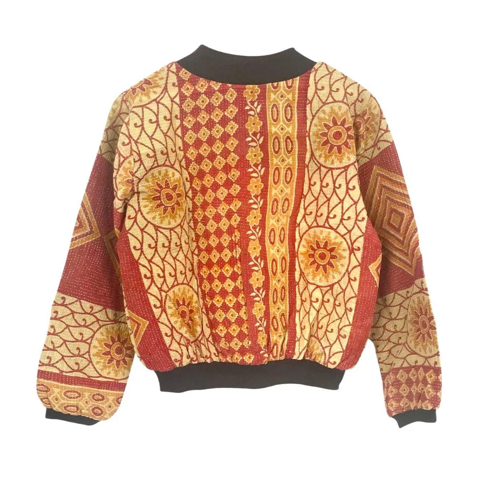 Nadia Bomber Jacket  | Vintage Kantha - Red & Beige (L)