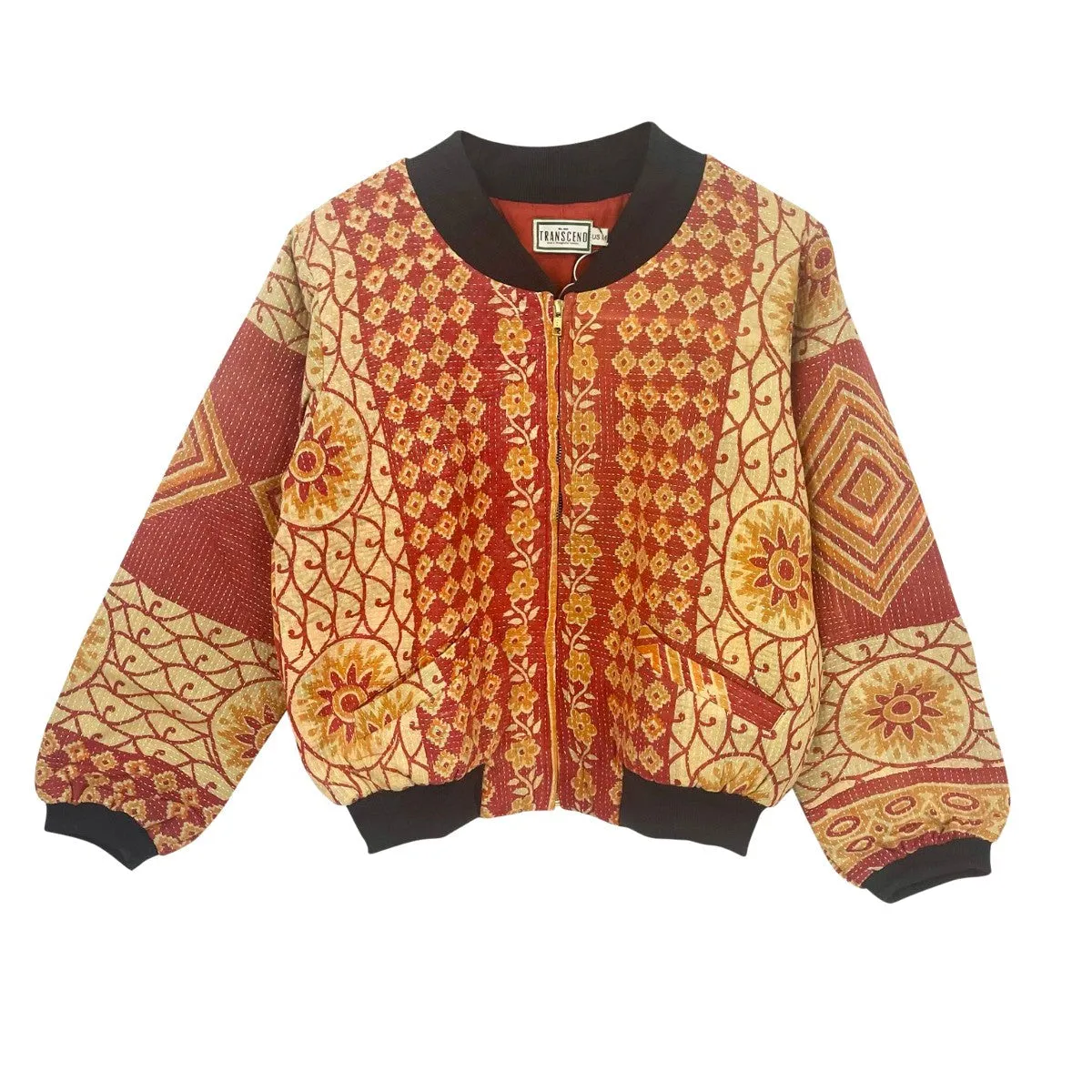 Nadia Bomber Jacket  | Vintage Kantha - Red & Beige (L)