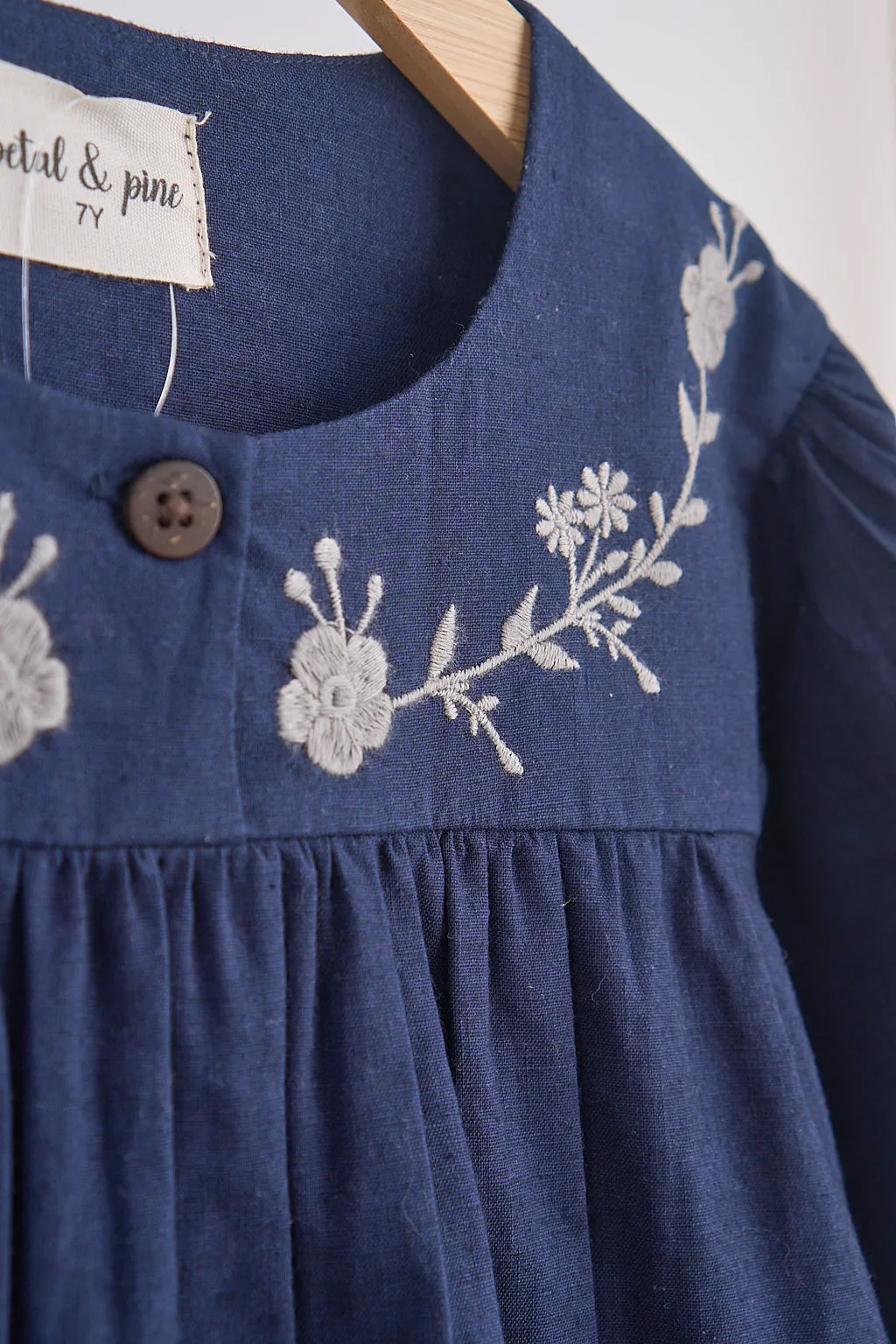 Navy Floral Embroidery Linen Girl Dress