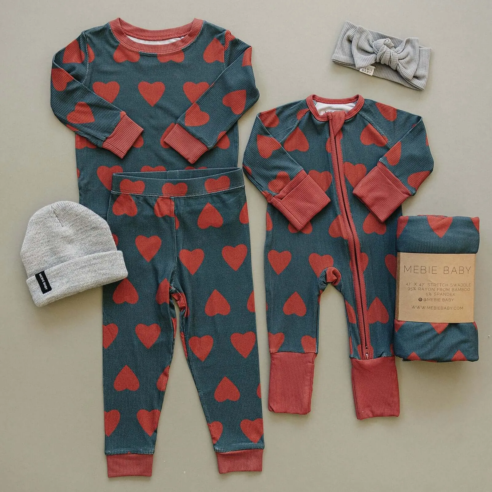 Navy   Red Hearts Ribbed Bamboo Zipper