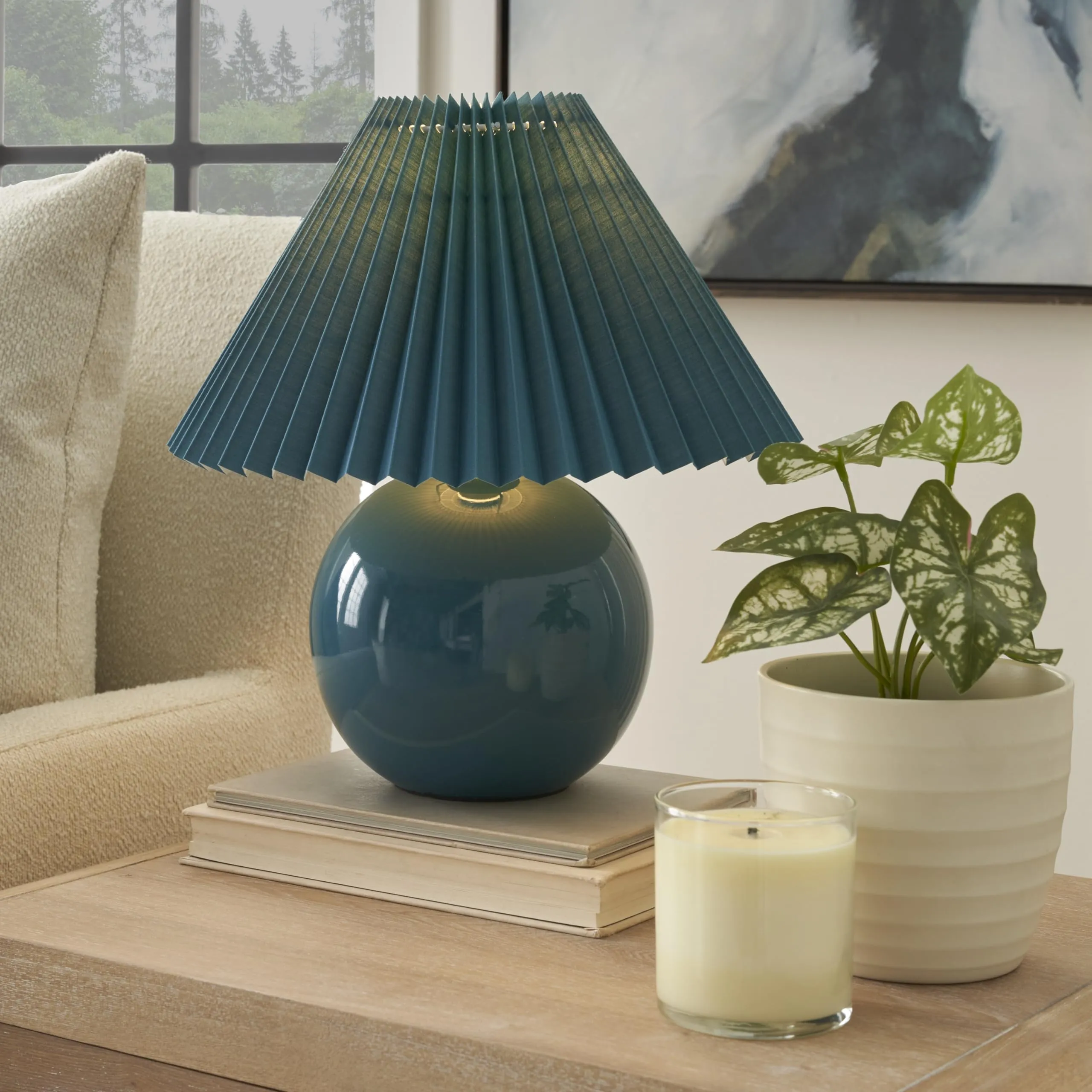 Nourison 13" Ceramic Round amp with Pleated Shade for Bedroom