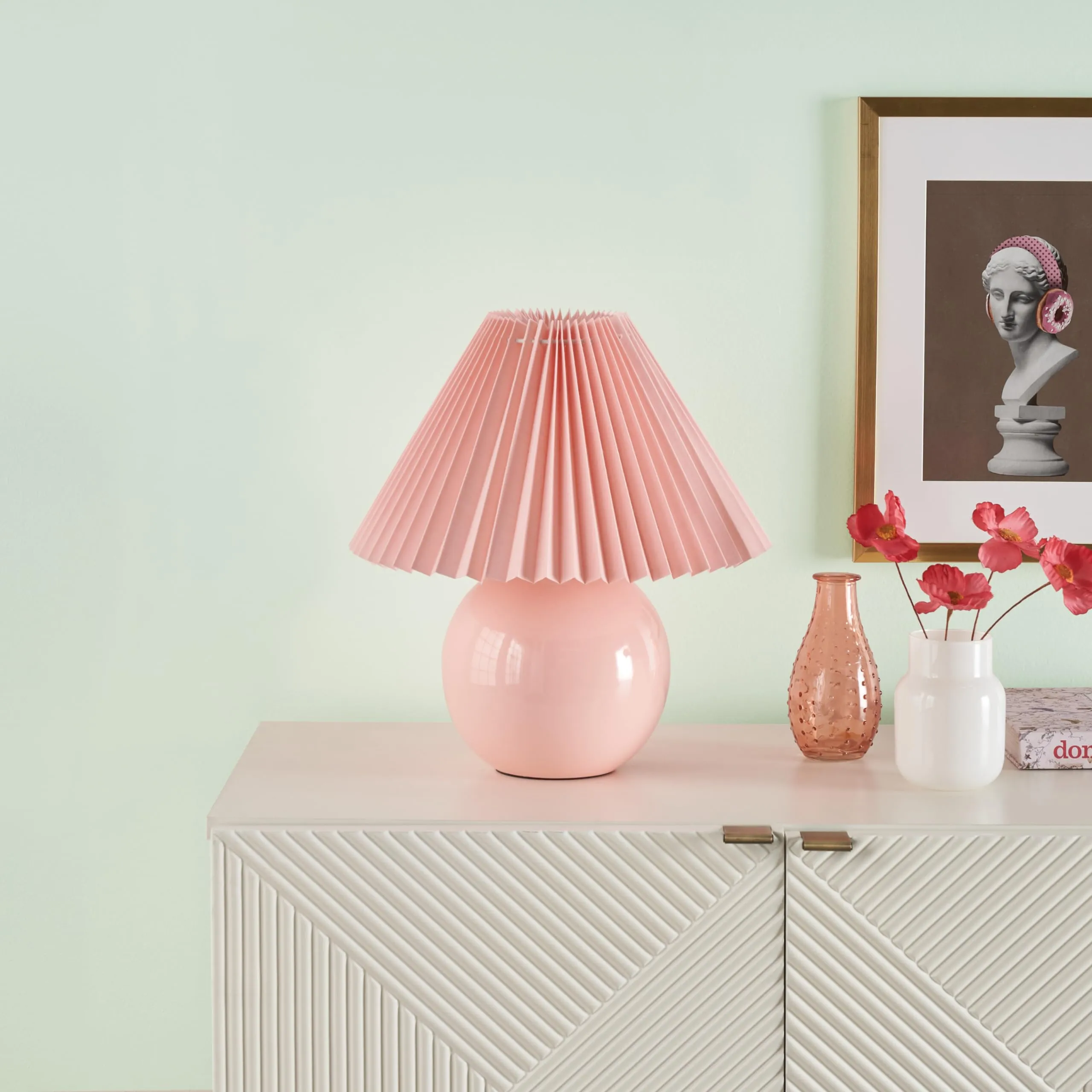 Nourison 13" Ceramic Round amp with Pleated Shade for Bedroom