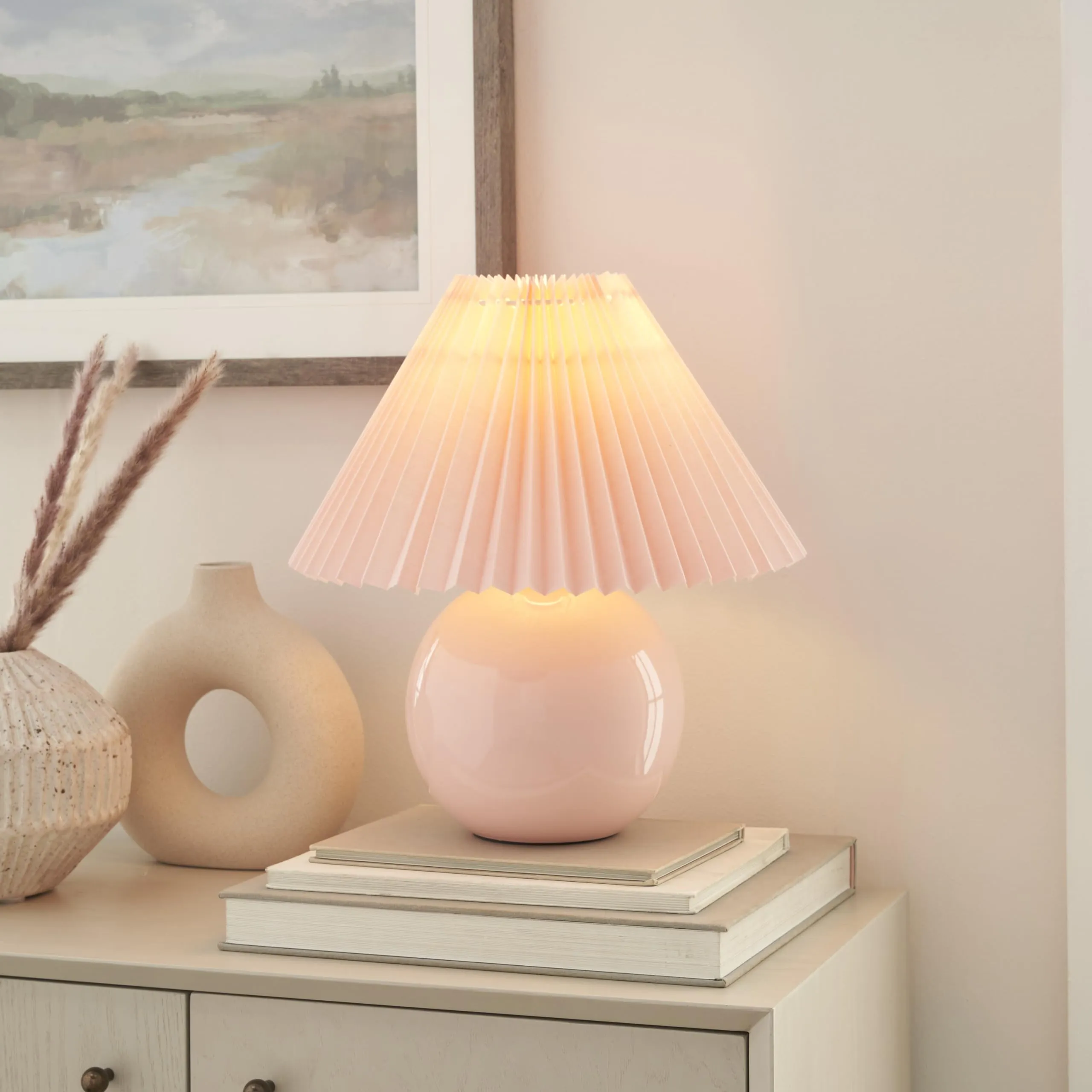 Nourison 13" Ceramic Round amp with Pleated Shade for Bedroom