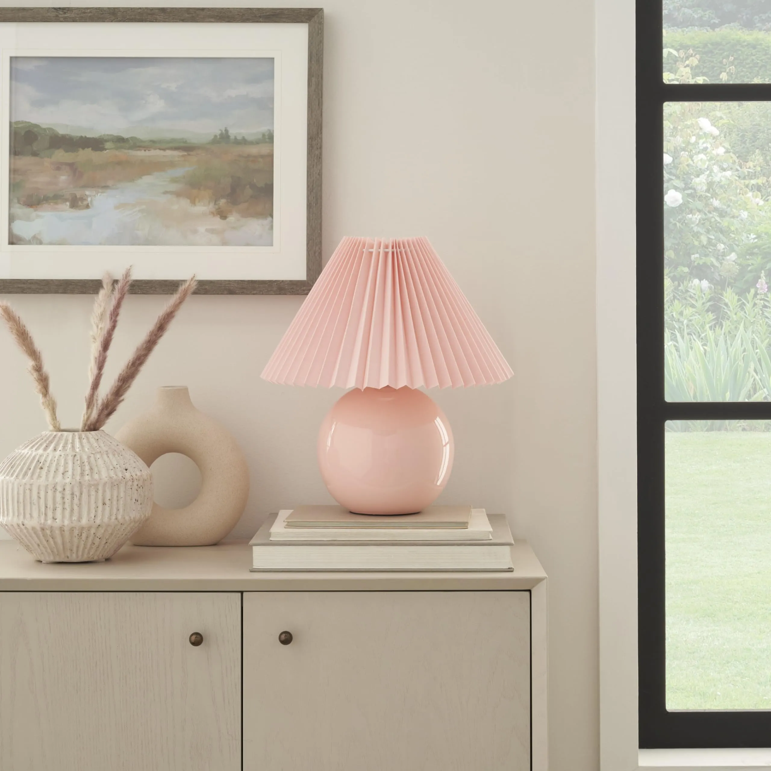 Nourison 13" Ceramic Round amp with Pleated Shade for Bedroom