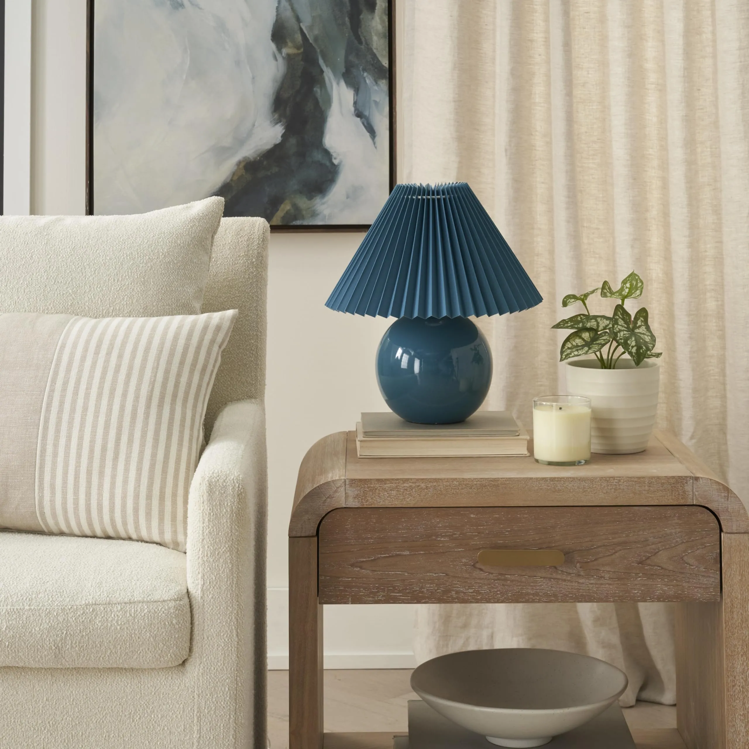 Nourison 13" Ceramic Round amp with Pleated Shade for Bedroom