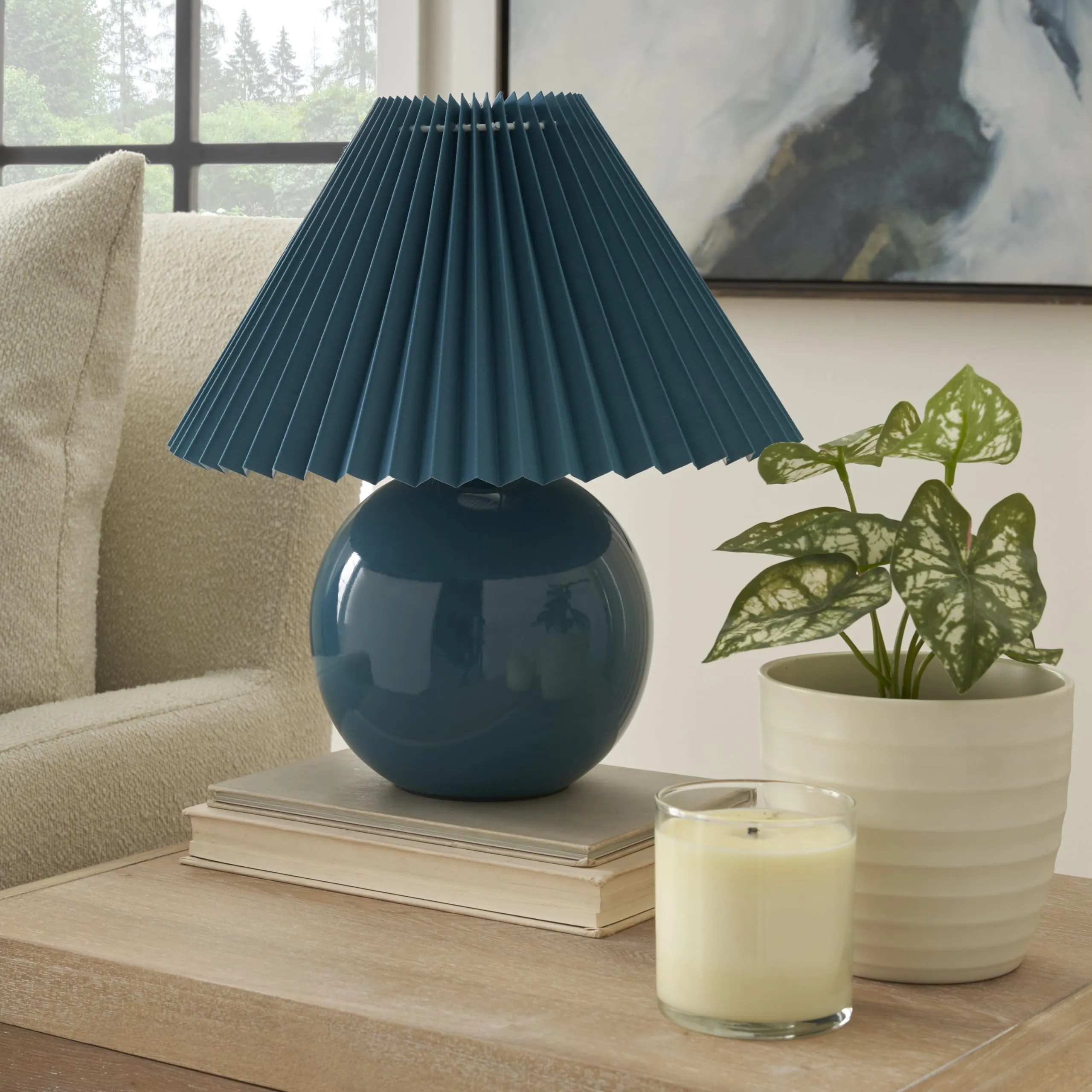 Nourison 13" Ceramic Round amp with Pleated Shade for Bedroom