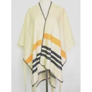 Open Front Striped Stitch Hemming Pashmina - Beige