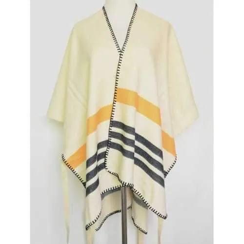 Open Front Striped Stitch Hemming Pashmina - Beige