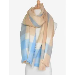 Outdoor Check Pattern Fringed Shawl Scarf - Beige
