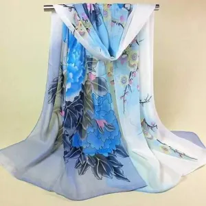 Peony and Wintersweet Print Chiffon Scarf - Lake Blue