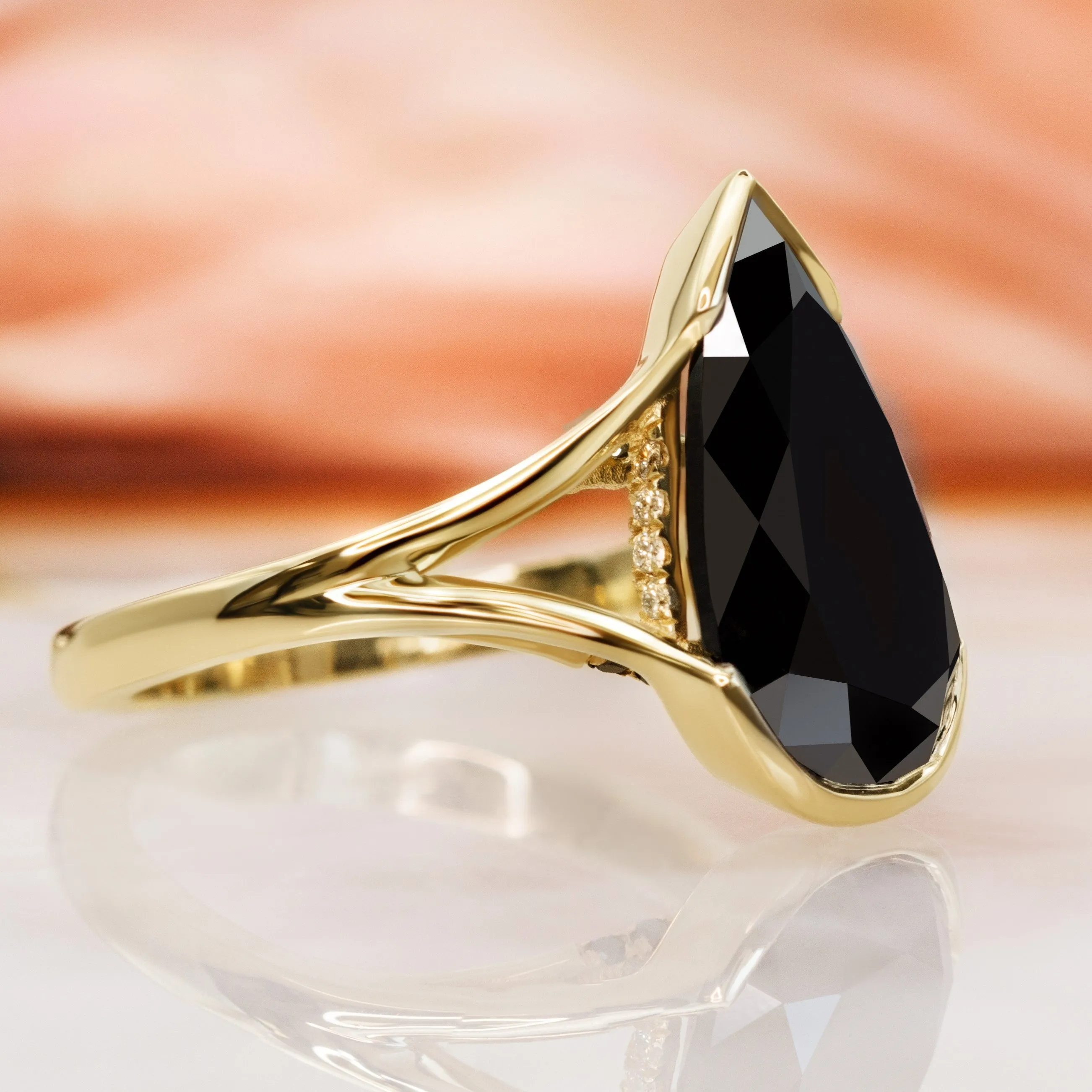 Pera Scura - Semi Bezel Natural Black Diamond Elongated Pear Engagement Ring in Yellow Gold