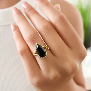 Pera Scura - Semi Bezel Natural Black Diamond Elongated Pear Engagement Ring in Yellow Gold
