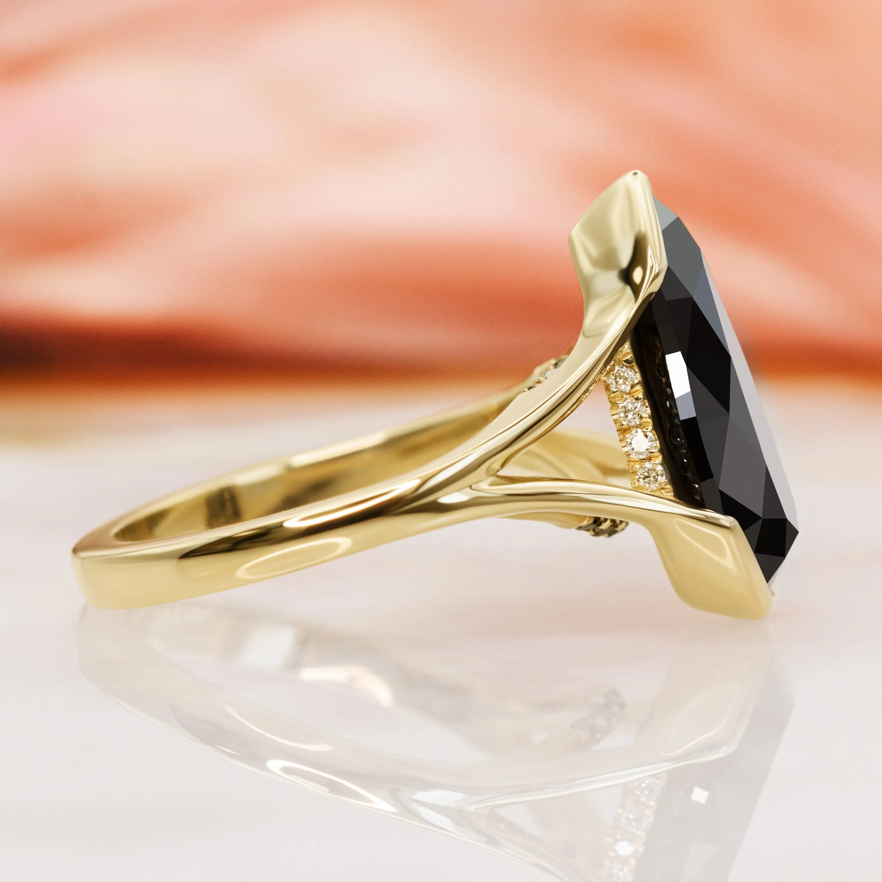 Pera Scura - Semi Bezel Natural Black Diamond Elongated Pear Engagement Ring in Yellow Gold