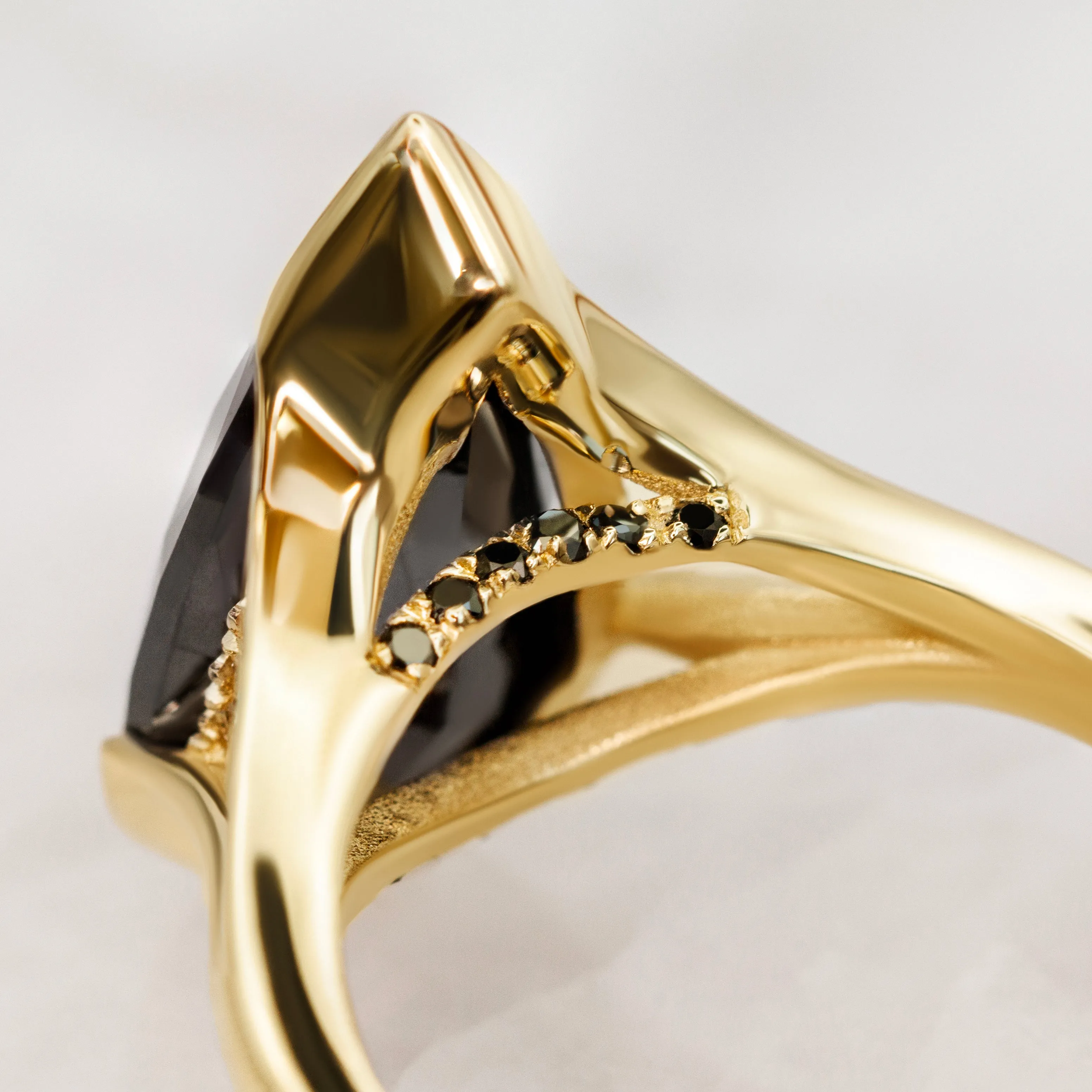 Pera Scura - Semi Bezel Natural Black Diamond Elongated Pear Engagement Ring in Yellow Gold