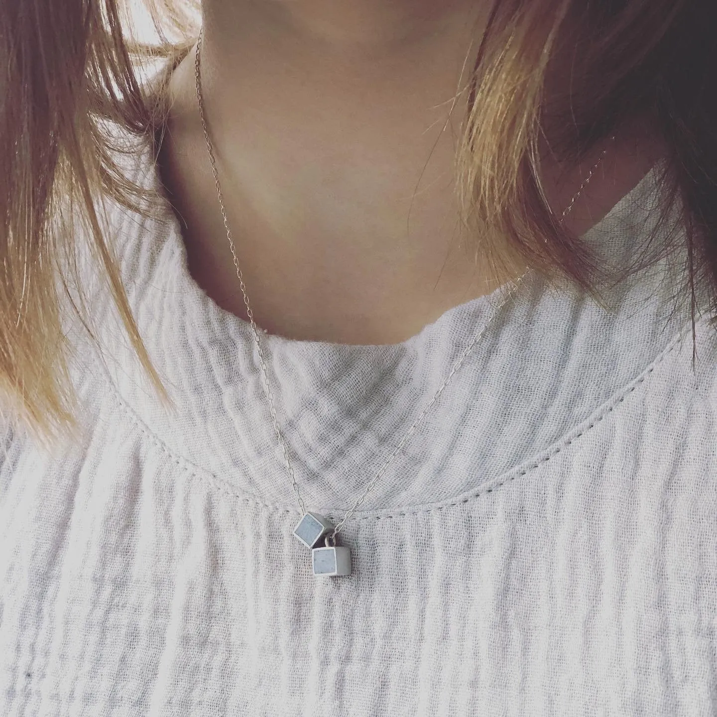 Petite Double Cube Gold & Concrete Necklace