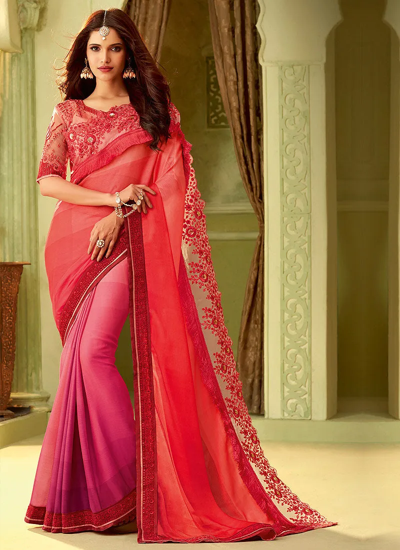 Pink And Orange Shaded Minimalist Embroidered Saree