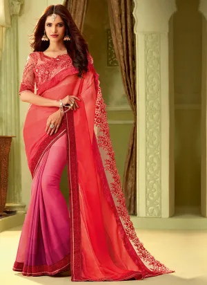 Pink And Orange Shaded Minimalist Embroidered Saree