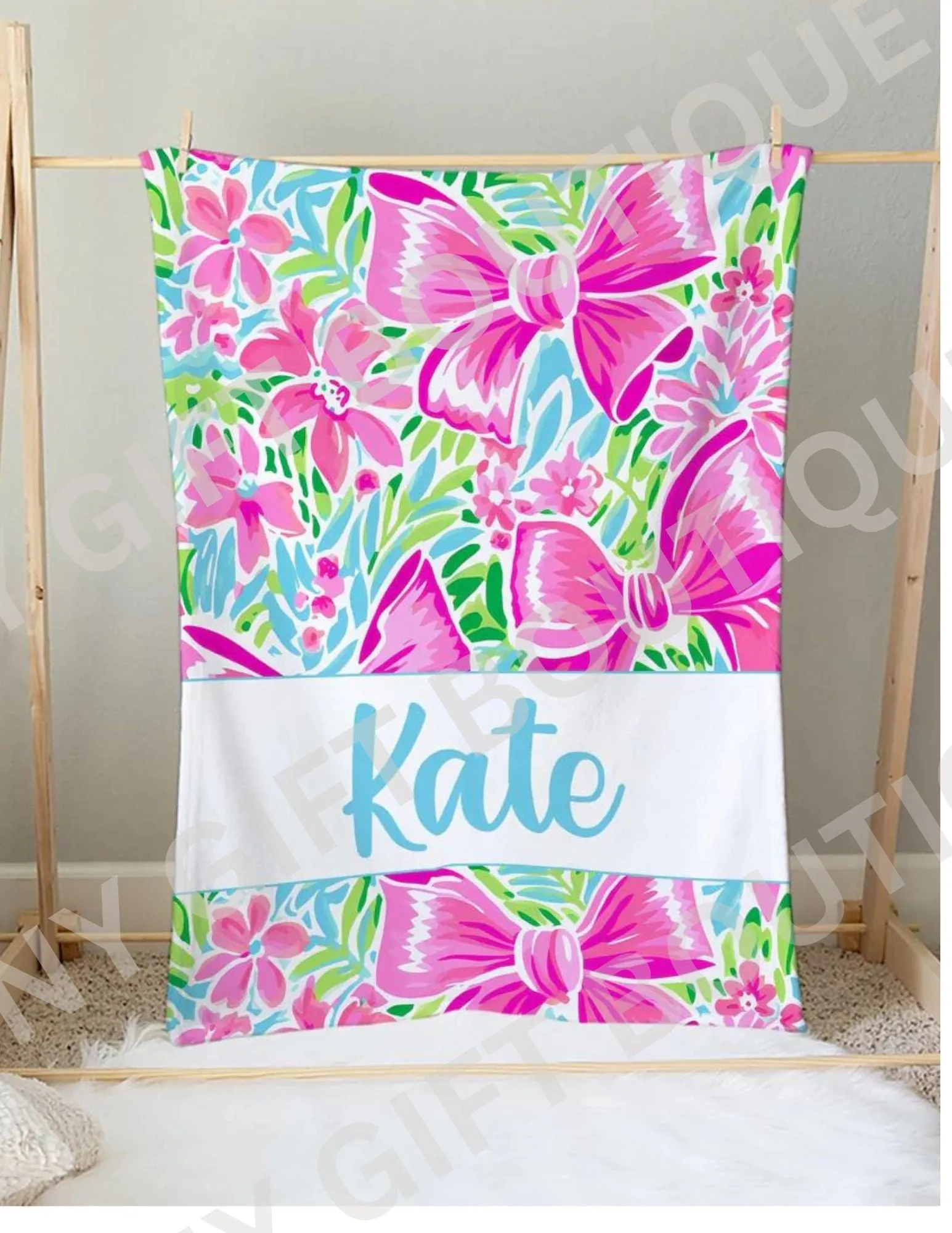 Pink Bow Personalized Blanket