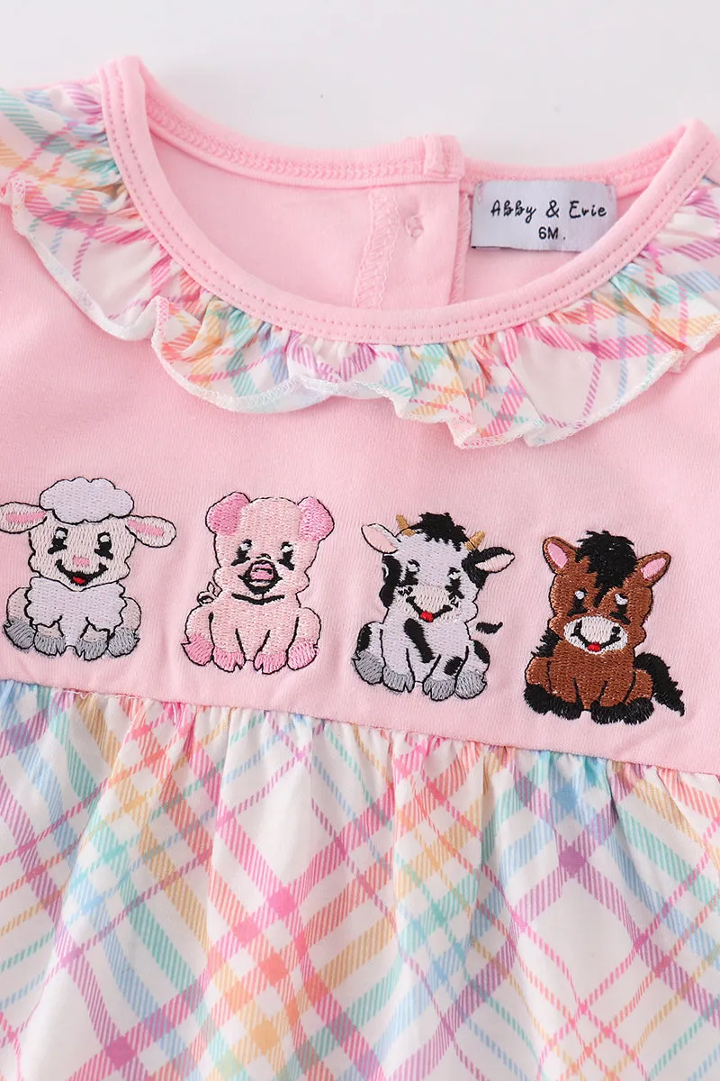 Pink Farm Animals Embroidery Girl Romper