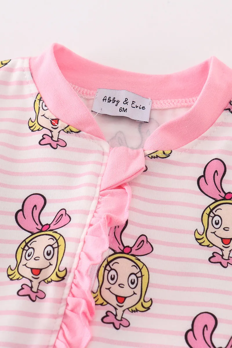 Pink Stripe Character Print Zipper Girl Romper