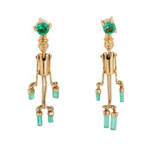Pinocchio Emerald Earrings Articulated 18k Yellow Gold 1.25" Vintage Jewelry