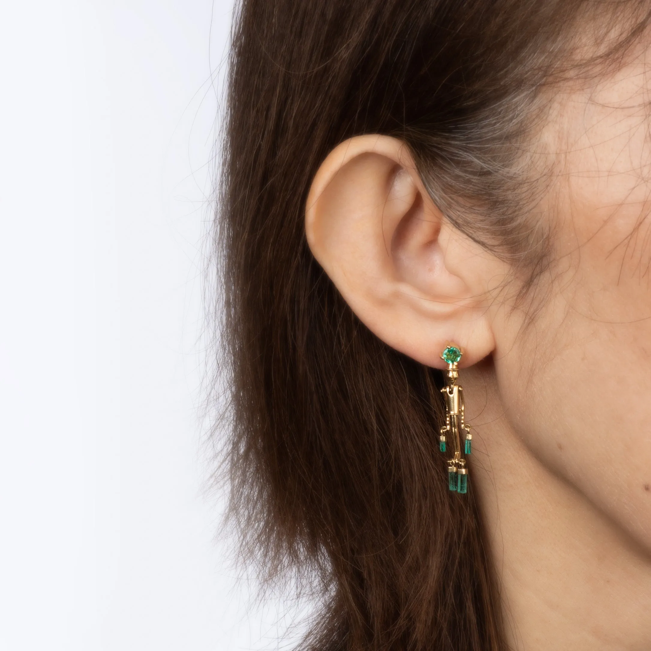 Pinocchio Emerald Earrings Articulated 18k Yellow Gold 1.25" Vintage Jewelry