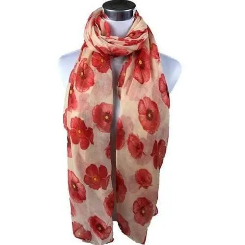 Poppy Flower Print Voile Scarf - Orangepink
