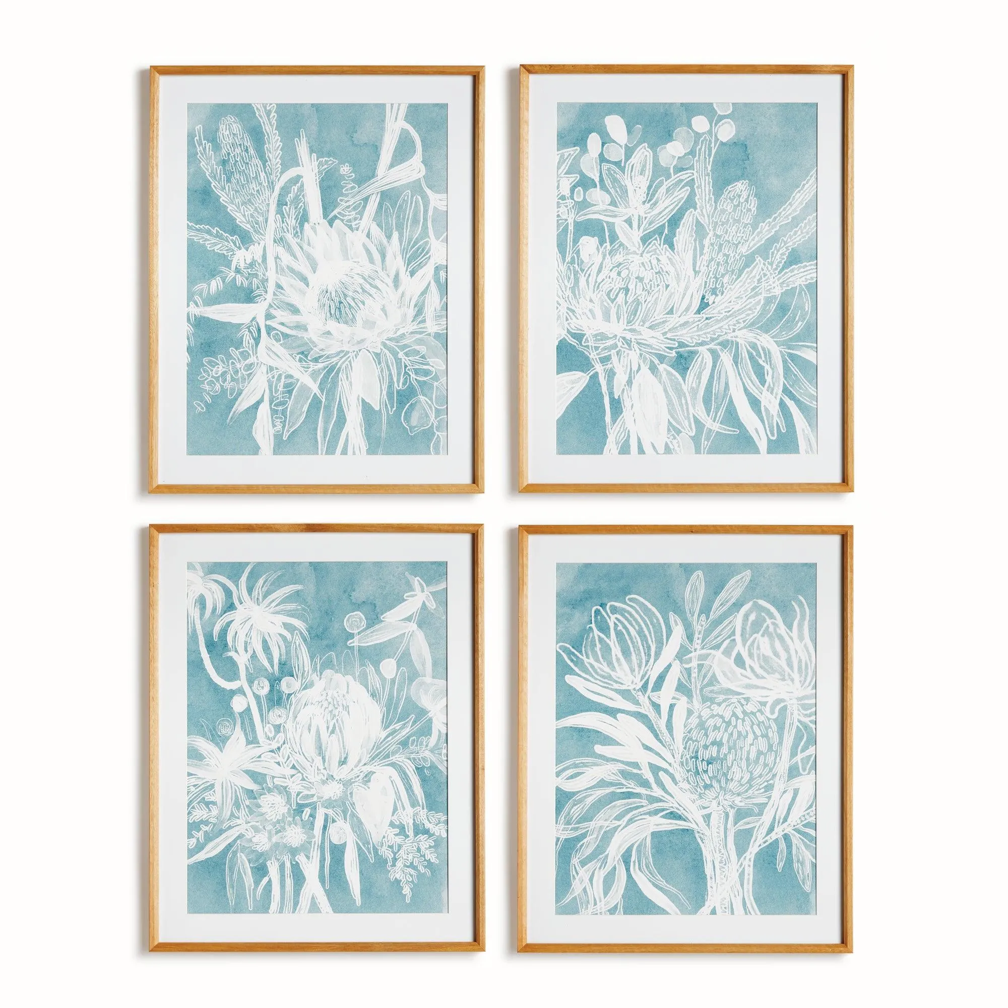Protea Abstract Prints In Soft Blue, Set Of 4