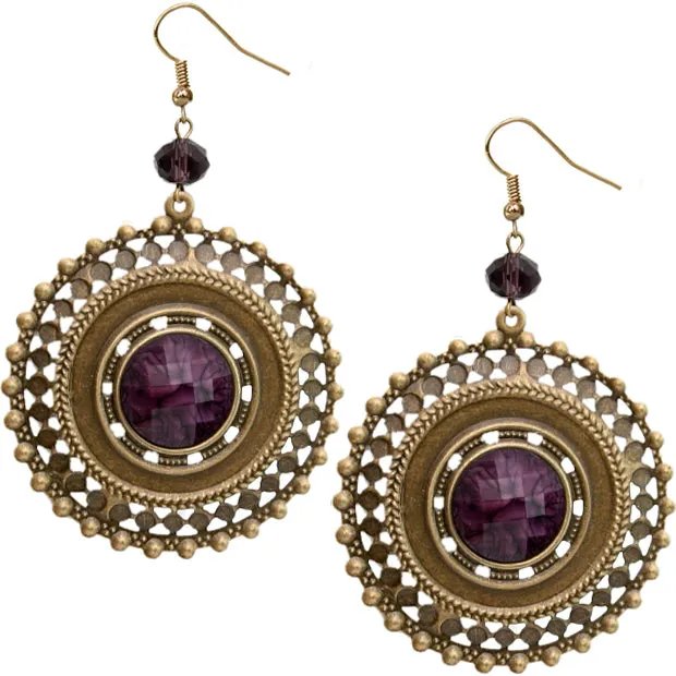 Purple Beaded Gold Cutout Earrings