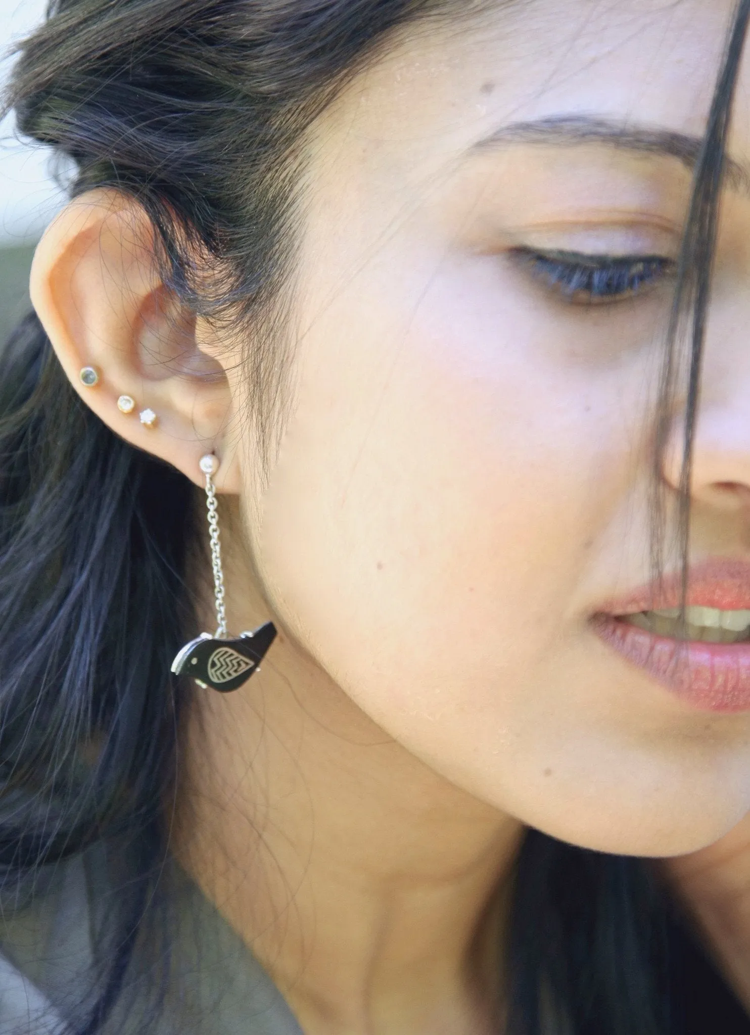 Quirky, asymmetrical, Mid-century mod Bidri bird earrings
