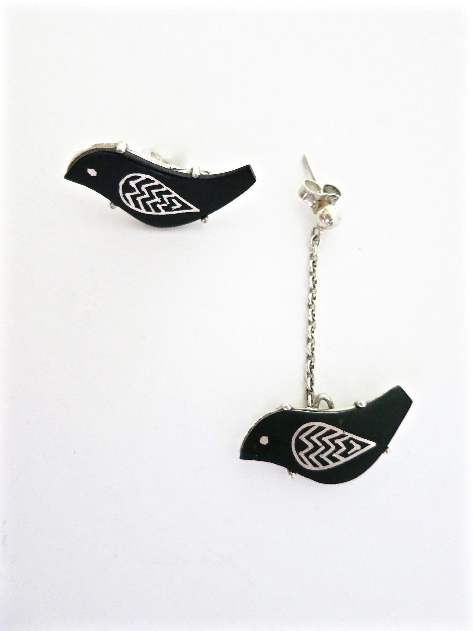 Quirky, asymmetrical, Mid-century mod Bidri bird earrings