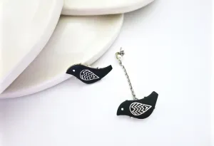 Quirky, asymmetrical, Mid-century mod Bidri bird earrings