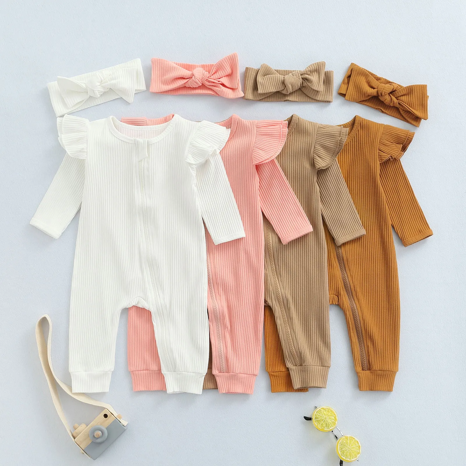 Ribbed Flutter Romper | Peach