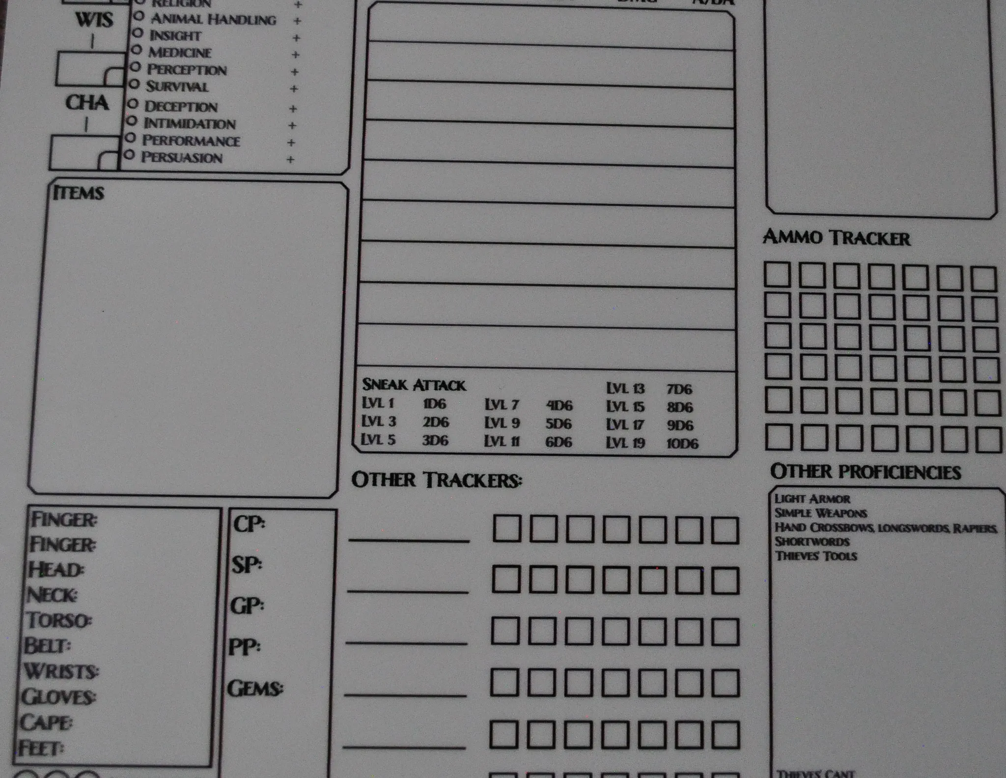 Rogue Character Sheet on a dry erase clipboard