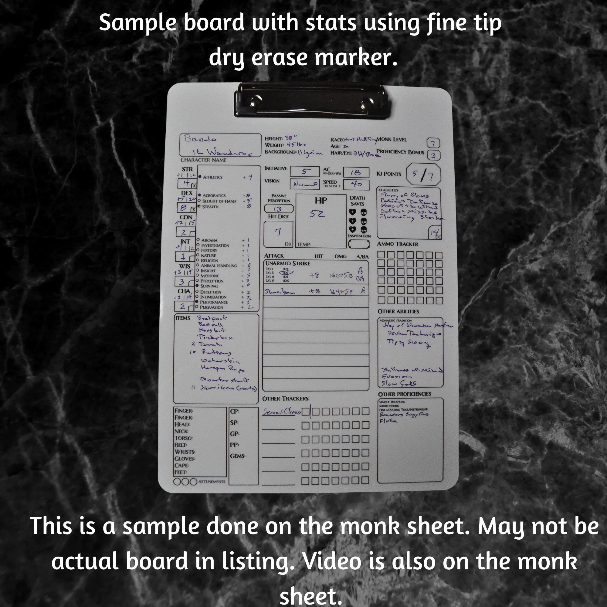 Rogue Character Sheet on a dry erase clipboard