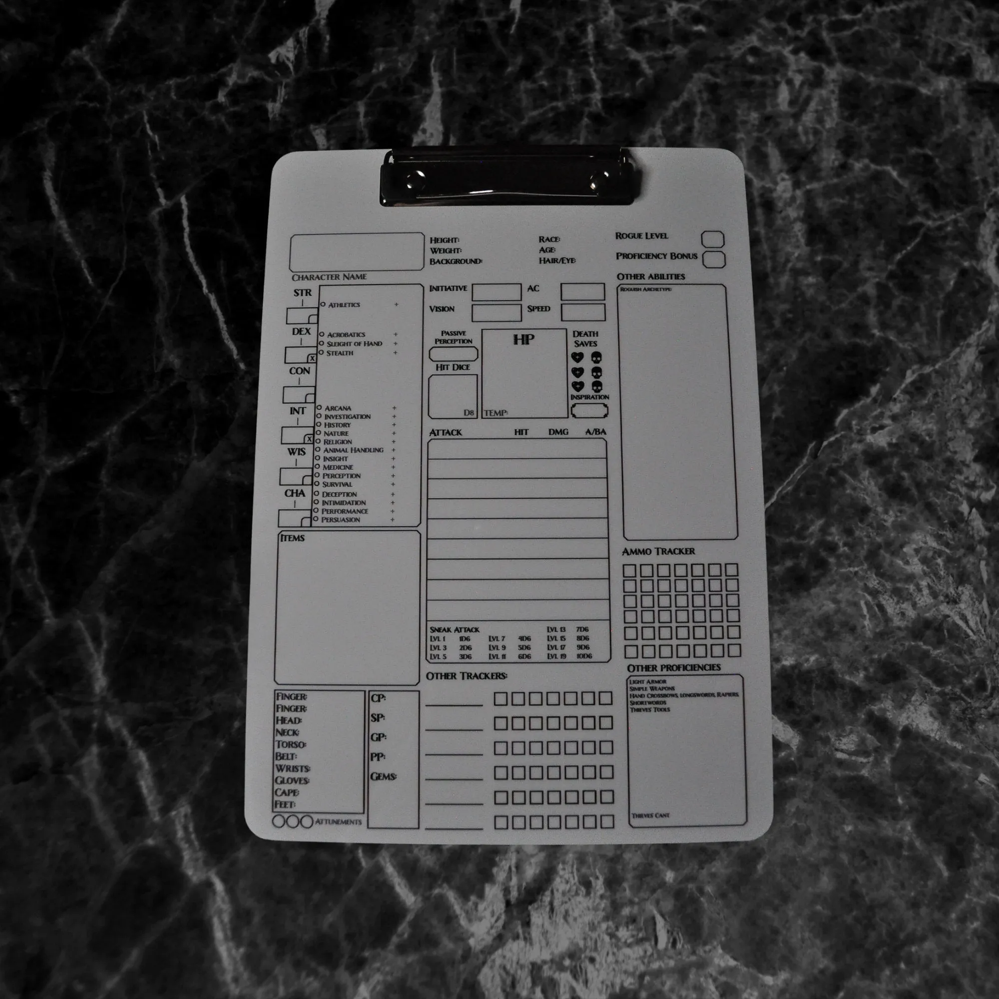 Rogue Character Sheet on a dry erase clipboard