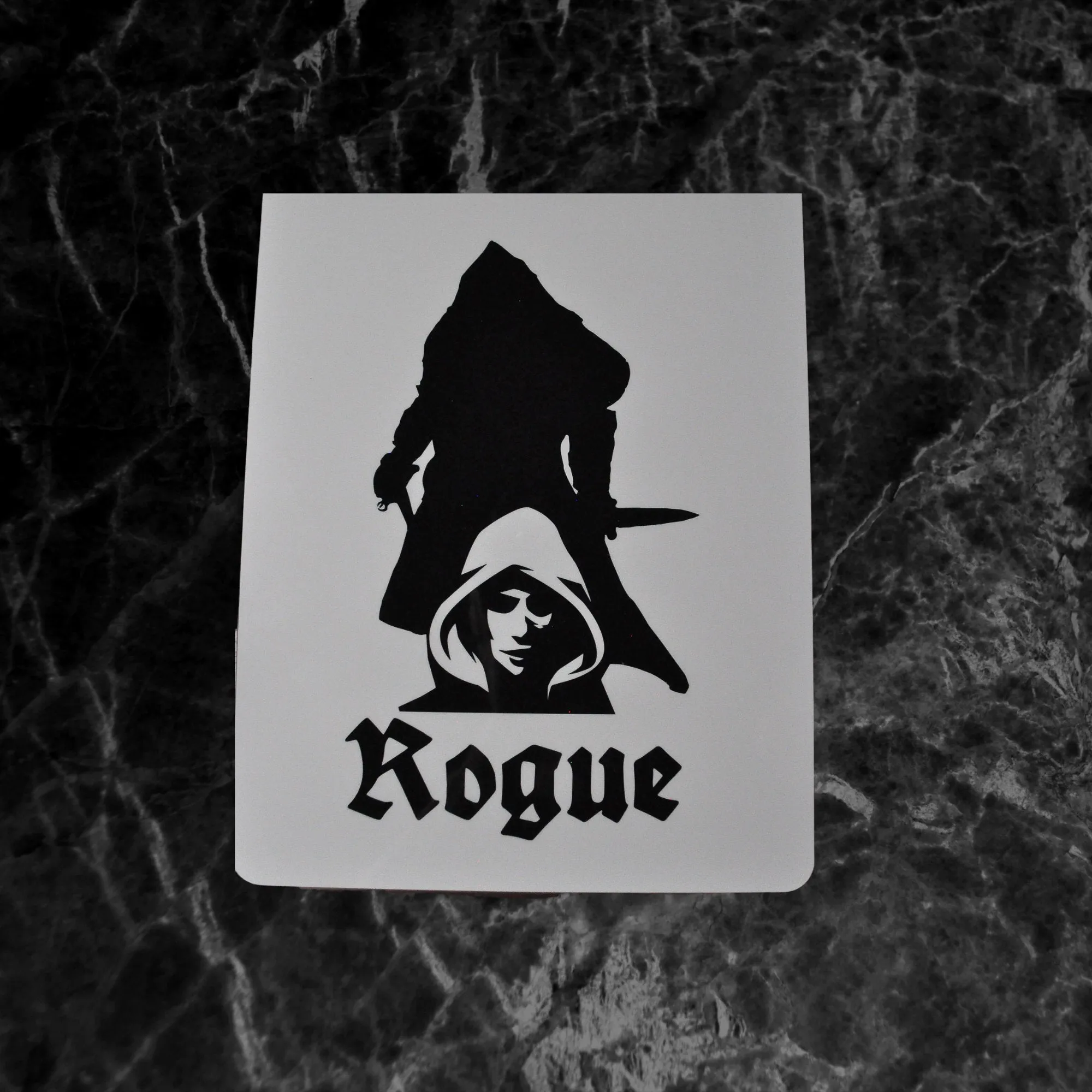 Rogue Character Sheet on a dry erase clipboard