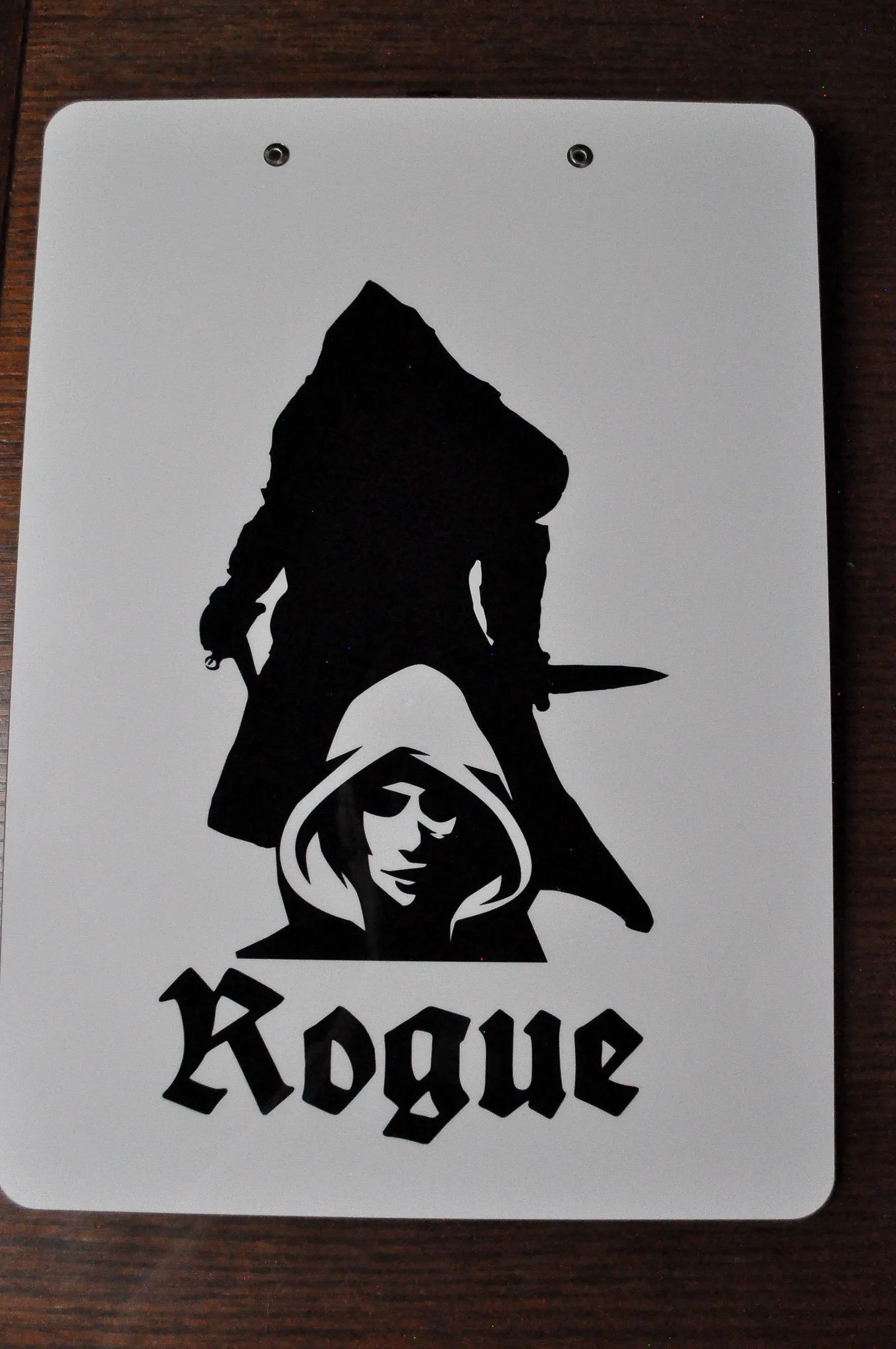 Rogue Character Sheet on a dry erase clipboard