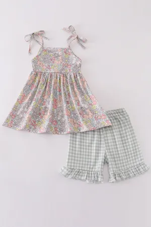Sage Pastel Floral Harmony Girl Gingham Set