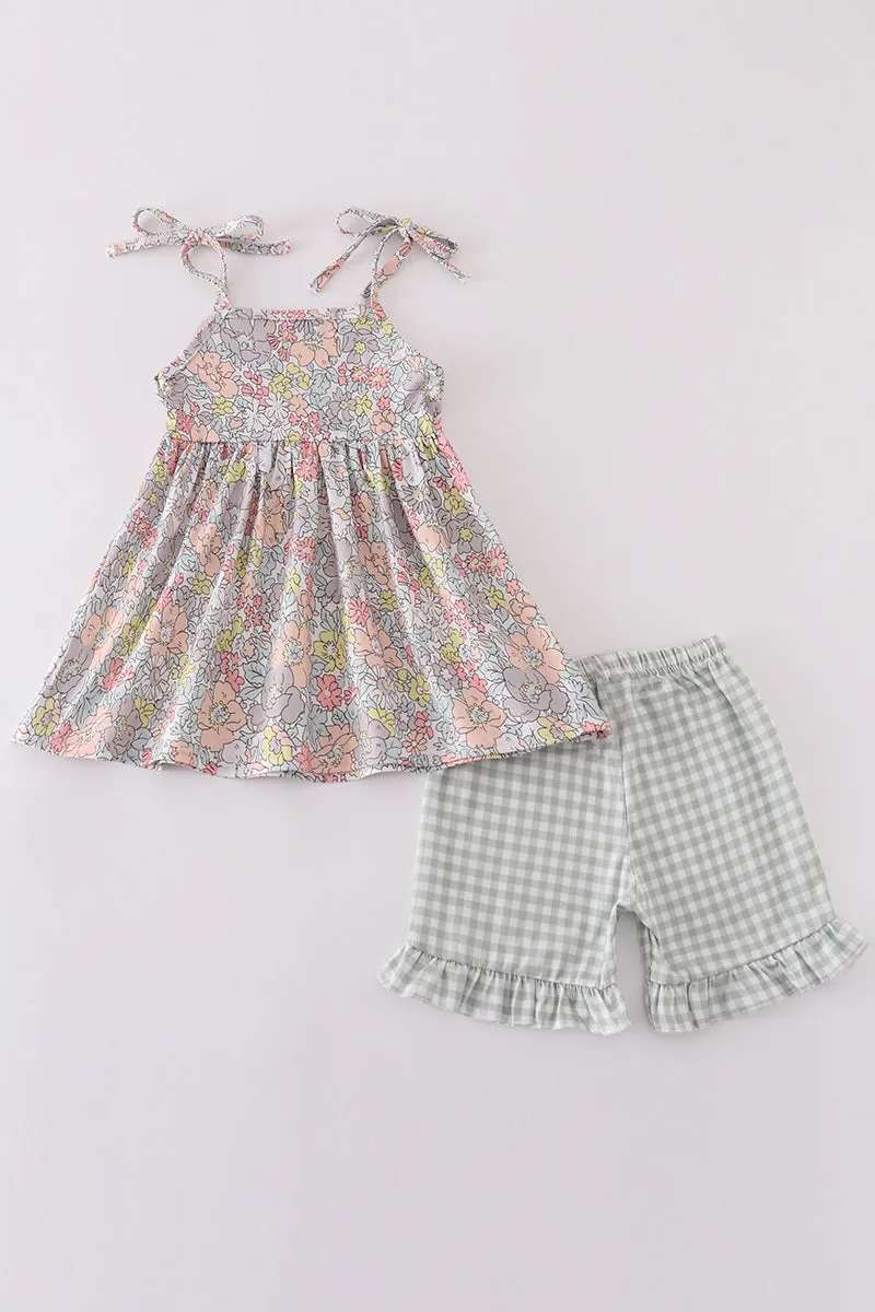 Sage Pastel Floral Harmony Girl Gingham Set