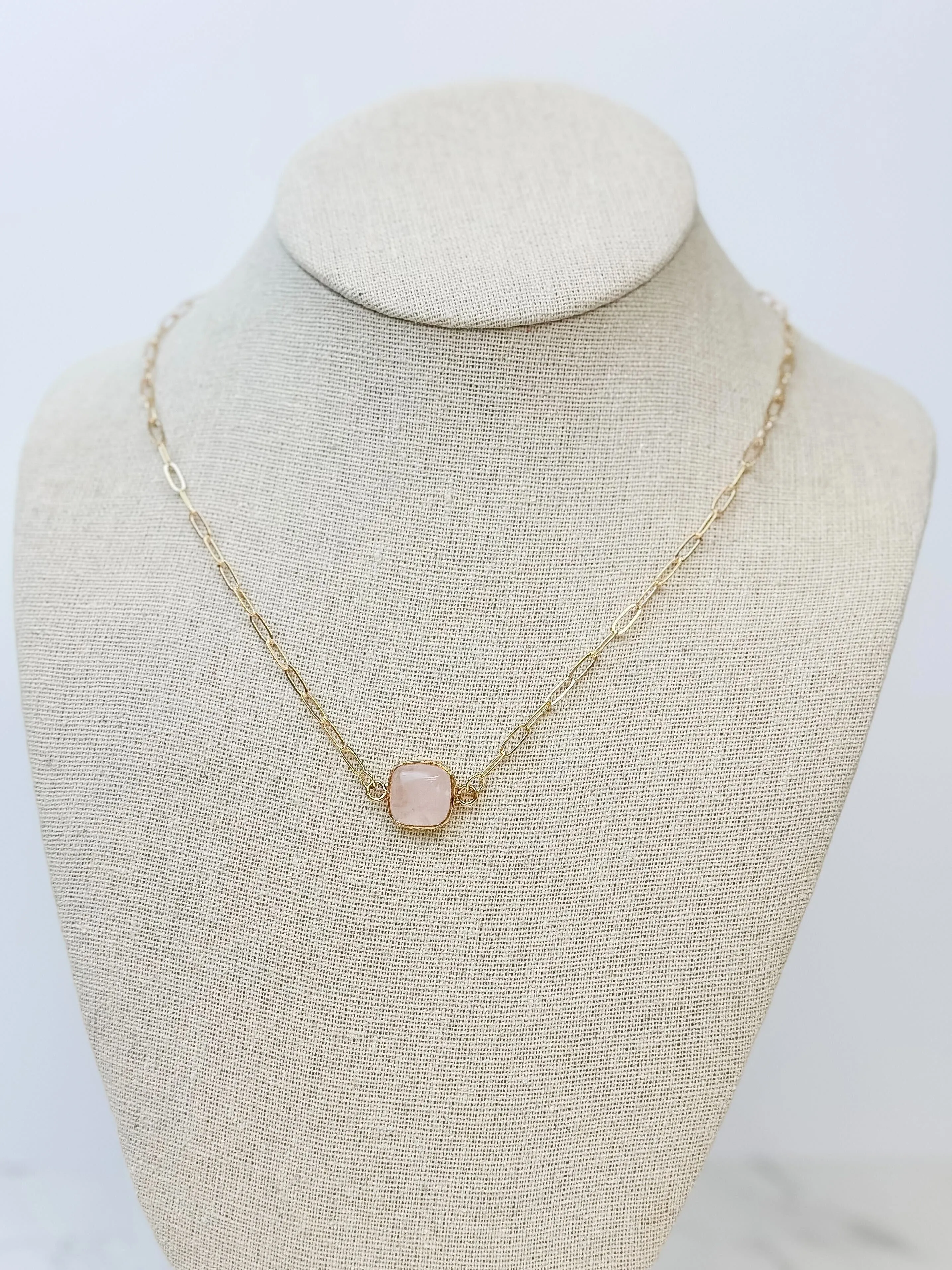 Semi Precious Square Stone Necklace - Rose