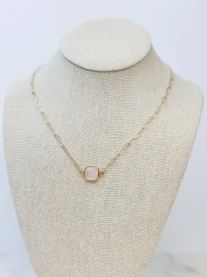 Semi Precious Square Stone Necklace - Rose