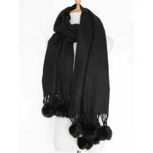 Small Fuzzy Ball Pendant Solid Shawl Scarf - Black