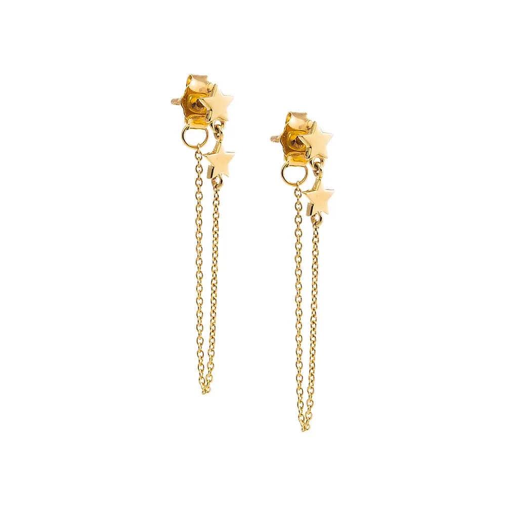 Solid Double Star Front Back Chain Stud Earring 14K