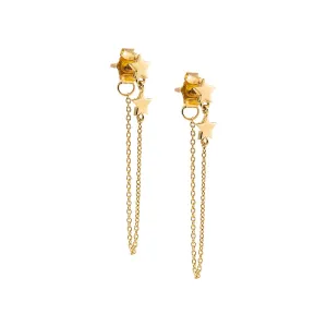 Solid Double Star Front Back Chain Stud Earring 14K