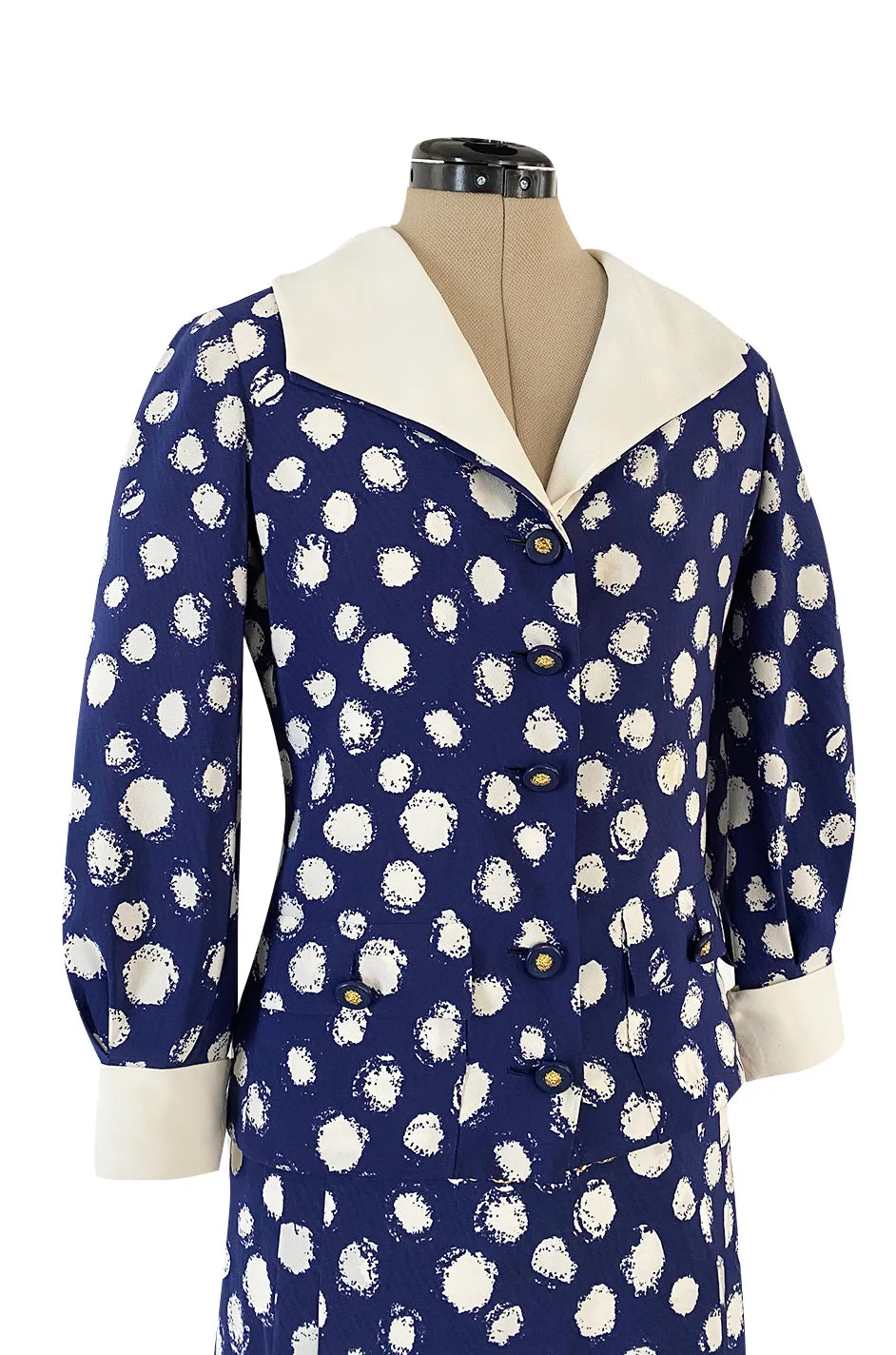 Spring 1977 Chanel Haute Couture Blue & White Silk Suit w Removable Collar