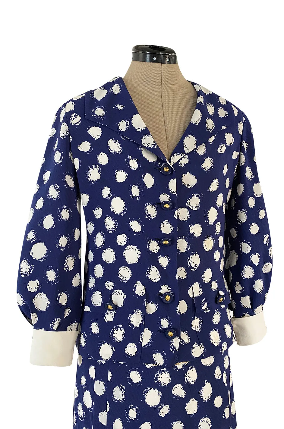 Spring 1977 Chanel Haute Couture Blue & White Silk Suit w Removable Collar