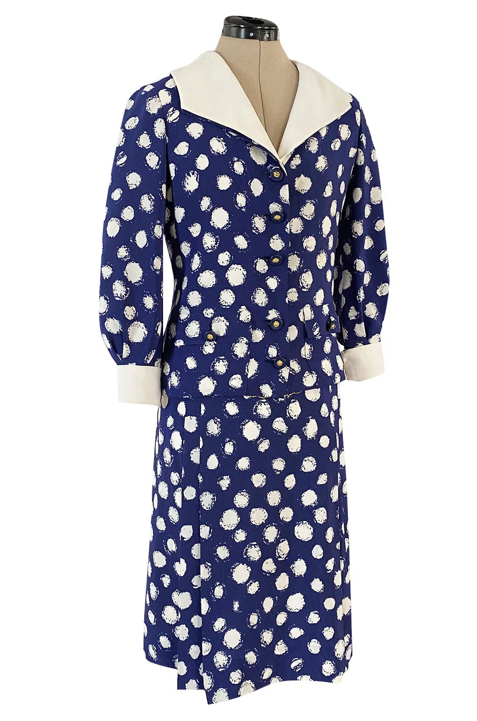 Spring 1977 Chanel Haute Couture Blue & White Silk Suit w Removable Collar