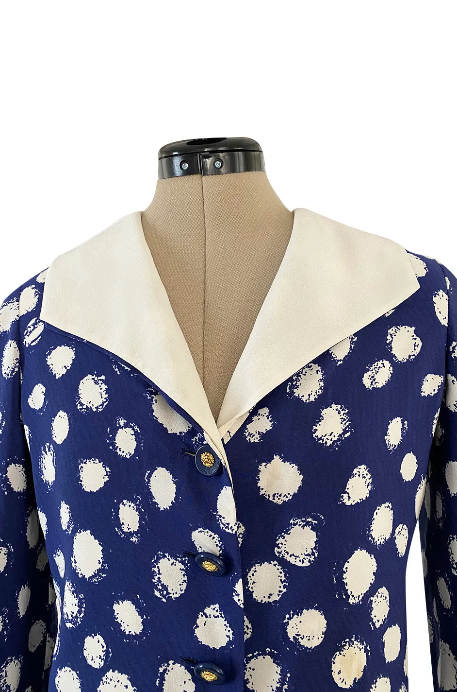 Spring 1977 Chanel Haute Couture Blue & White Silk Suit w Removable Collar
